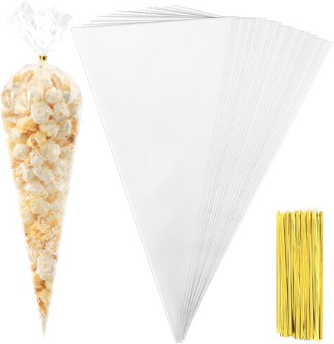 100 PCS Clear Plastic Cone Shaped Cellophane Treat bags(7x14.5) with Ties Large Popcone Goodie Ice Candy Cookie Goody Gift Bags Pouches Easter Holiday Birthday Party Favors Supplies Wrapping Stuffers in Saudi Arabia