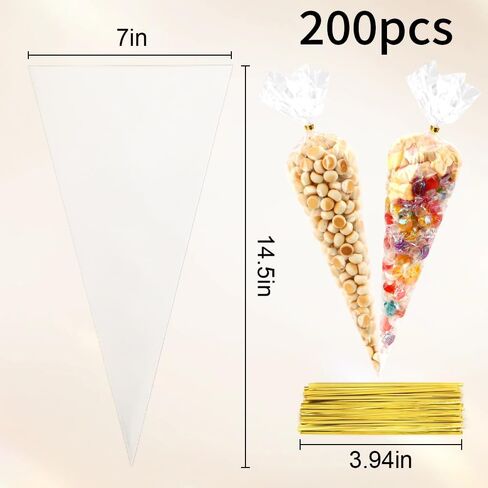 100 PCS Clear Plastic Cone Shaped Cellophane Treat bags(7x14.5) with Ties Large Popcone Goodie Ice Candy Cookie Goody Gift Bags Pouches Easter Holiday Birthday Party Favors Supplies Wrapping Stuffers in Saudi Arabia