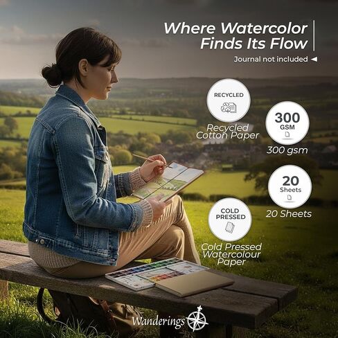 حشوات ورق بألوان مائية مقاس 300 جرام لكل متر مربع مقاس A5 من Wanderings مع حافة سطحية لدفتر ملاحظات المسافرين القابل لإعادة الملء | 5.5 بوصة × 8.3 بوصة / 14 سم × 21 سم | عبوات دفاتر ملاحظات المسافرين للمجلات والمذكرات والمخططين in Kuwait