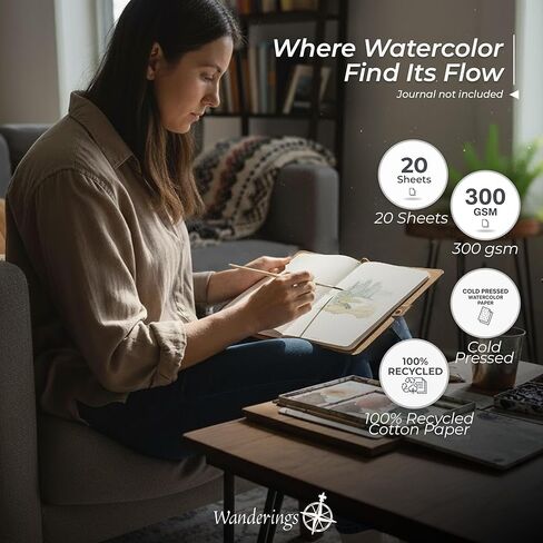 حشوات ورق بألوان مائية مقاس 300 جرام لكل متر مربع مقاس A5 من Wanderings مع حافة سطحية لدفتر ملاحظات المسافرين القابل لإعادة الملء | 5.5 بوصة × 8.3 بوصة / 14 سم × 21 سم | عبوات دفاتر ملاحظات المسافرين للمجلات والمذكرات والمخططين in Kuwait