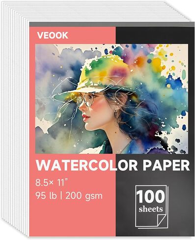 مجموعة ورق ألوان مائية من VEOOK، ورق ألوان مائية مقاس 8.5 بوصة × 11 بوصة، 100 ورقة 95 رطل/200 جرامًا للمتر المربع ورق رسم رسم فني للبالغين، الطلاء، دفتر الرسم، المجلة، اللوازم الفنية (WC-04) in Kuwait