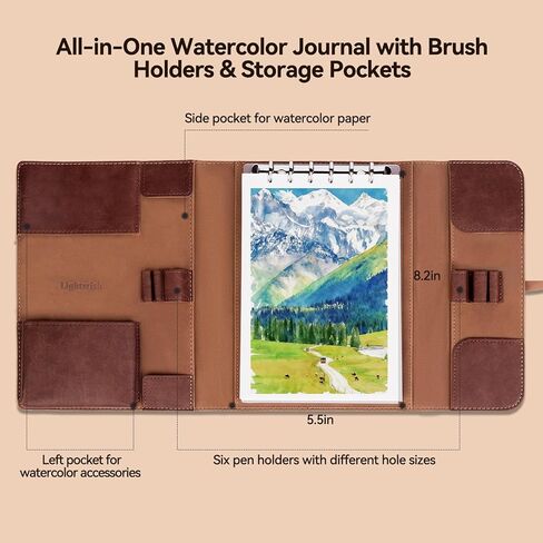 LIGHTWISH Watercolor Pad - A5 20 Sheets 100% Cotton 300GSM Cold Press Paper | Detachable with Backing Board | All-in-One Travel Watercolor Journal with Brush Holders & Storage Pockets in Saudi Arabia