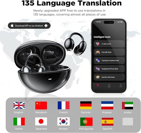 سماعات أذن MS192 AI للترجمة في الوقت الحقيقي، سماعات أذن مفتوحة 3 في 1 للأذن 135 لغة مترجمة، Audifonos Traductores Inglés Español، مشبك أذن مناسب لنظامي التشغيل iOS وAndroid، للأعمال والتعلم in Kuwait