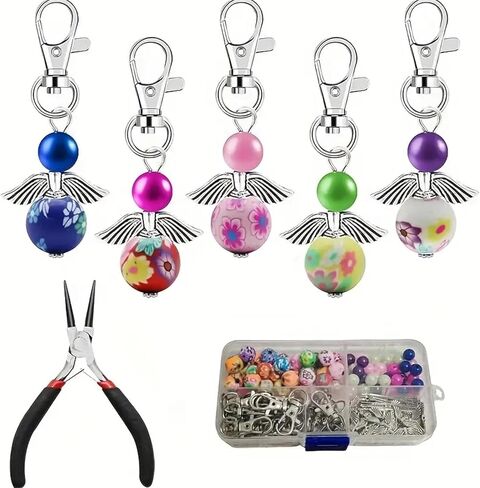 180Pcs DIY Angel Pendant Keychains Kit Including Alloy Wing Spacer Imitated Pearl Bead Pendant Lobster Buckle Claw Clasps and Pliers Jewelry Making Supplies Repair Tools Kit for Women Adults Teens in Kuwait
