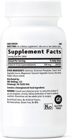 GNC Vitamin B-12 500mcg, 100 Tablets, Supports Energy Production in Saudi Arabia