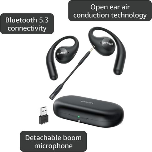 EMEET Airflow Open Ear Headphones, Bluetooth 5.3 Wireless Headsets with Detachable Microphone, 40 Hours Playtime, IPX5, Wireless Earbuds, Multipoint Pairing, App Control, Ultra Comfort(Black) in Saudi Arabia