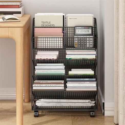 Office Filing Cabinet Desk Bookshelf, Document Book Storage Shelf, Floor Simple Bookcase, Wheeled Cart Filing Organizer(Black) in Saudi Arabia