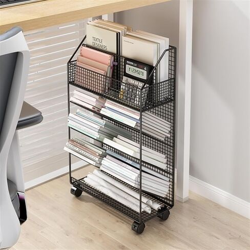 Office Filing Cabinet Desk Bookshelf, Document Book Storage Shelf, Floor Simple Bookcase, Wheeled Cart Filing Organizer(Black) in Saudi Arabia