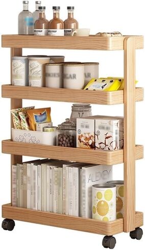 Wood 4-Layer Rolling Book Cart with Wheels Slim Storage Trolley Snack Cart Floor-Standing Rack for Bedroom Living Room,Living Room in Saudi Arabia