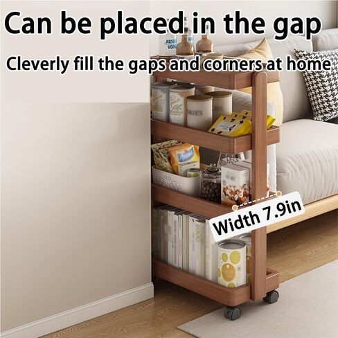 Wood 4-Layer Rolling Book Cart with Wheels Slim Storage Trolley Snack Cart Floor-Standing Rack for Bedroom Living Room,Living Room in Saudi Arabia