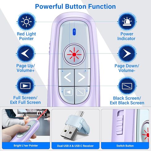 2-in-1 USB Type C Presentation Clicker, Wireless Presentation Clicker PowerPoint Presenter Remote with Volume Control, Powerpoint Clicker with Slide Advancer for Computer/Laptop/Mac,Pink in Kuwait