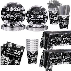 194pcs Happy New Years Eve 2026 Party Decorations for New Year Party Plates, Cup, Napkin, Tablecloth, Tableware, Black Silver Disco Disposable Party Supplies Plates Serve 24 Guests in Kuwait
