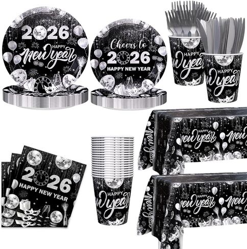 194pcs Happy New Years Eve 2026 Party Decorations for New Year Party Plates, Cup, Napkin, Tablecloth, Tableware, Black Silver Disco Disposable Party Supplies Plates Serve 24 Guests in Kuwait