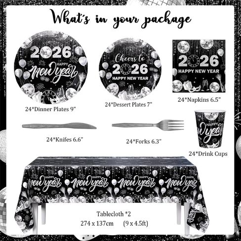 194pcs Happy New Years Eve 2026 Party Decorations for New Year Party Plates, Cup, Napkin, Tablecloth, Tableware, Black Silver Disco Disposable Party Supplies Plates Serve 24 Guests in Kuwait