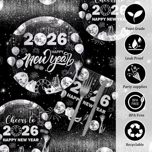 194pcs Happy New Years Eve 2026 Party Decorations for New Year Party Plates, Cup, Napkin, Tablecloth, Tableware, Black Silver Disco Disposable Party Supplies Plates Serve 24 Guests in Kuwait