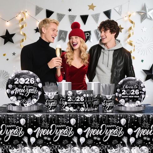 194pcs Happy New Years Eve 2026 Party Decorations for New Year Party Plates, Cup, Napkin, Tablecloth, Tableware, Black Silver Disco Disposable Party Supplies Plates Serve 24 Guests in Kuwait