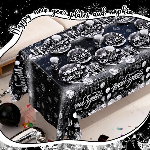 194pcs Happy New Years Eve 2026 Party Decorations for New Year Party Plates, Cup, Napkin, Tablecloth, Tableware, Black Silver Disco Disposable Party Supplies Plates Serve 24 Guests in Kuwait