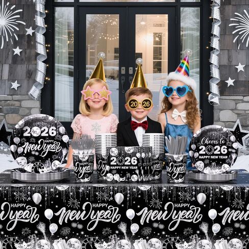 194pcs Happy New Years Eve 2026 Party Decorations for New Year Party Plates, Cup, Napkin, Tablecloth, Tableware, Black Silver Disco Disposable Party Supplies Plates Serve 24 Guests in Kuwait