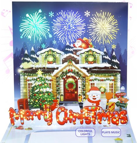 music Christmas blessing card with firework light and music, 3D pop-up Christmas card，Decorated House，music playing 'We Wish You a Merry Christmas' - accompaniment, impresses lovers (Blue) in Saudi Arabia