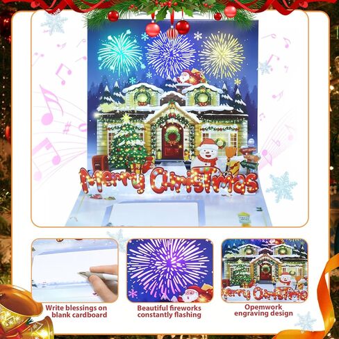 music Christmas blessing card with firework light and music, 3D pop-up Christmas card，Decorated House，music playing 'We Wish You a Merry Christmas' - accompaniment, impresses lovers (Blue) in Saudi Arabia