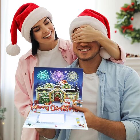 music Christmas blessing card with firework light and music, 3D pop-up Christmas card，Decorated House，music playing 'We Wish You a Merry Christmas' - accompaniment, impresses lovers (Blue) in Saudi Arabia