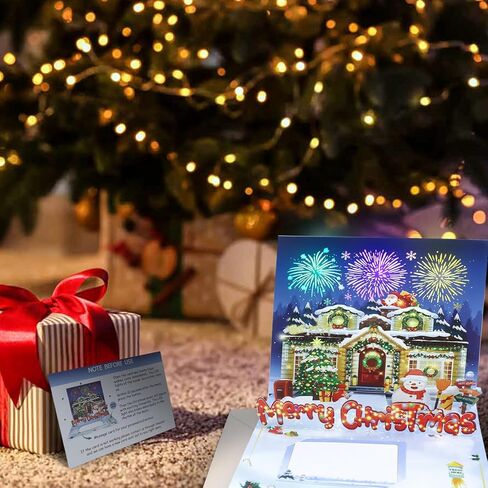 music Christmas blessing card with firework light and music, 3D pop-up Christmas card，Decorated House，music playing 'We Wish You a Merry Christmas' - accompaniment, impresses lovers (Blue) in Saudi Arabia