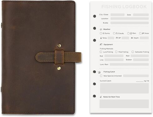 Leather Fishing Log Book, Special Waterproof Paper, A6 Size Binders 50 Pages – Fisherman Journal Notebook to Record Catches & Trip Info & Fish Essentials – Fishing Gifts for Men in Saudi Arabia