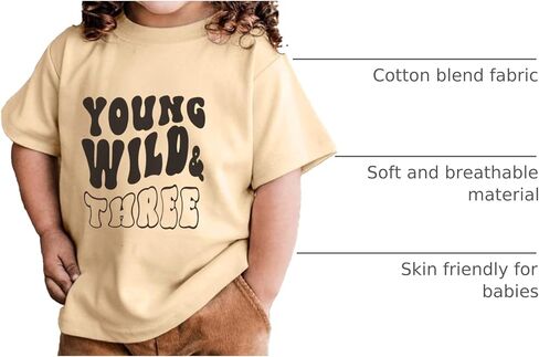 IZYJOY Young Wild and Three Shirt Toddler Baby Girls 3rd Birthday T-Shirts Retro Rainbow Birthday Outfit 3 Year Old Party Tee in Saudi Arabia