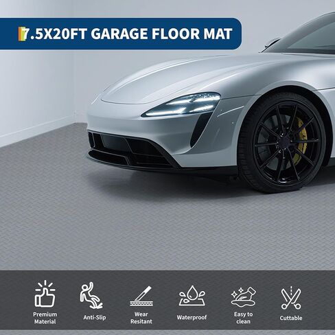 7.5x20 ft Garage Floor Mat, 2.8 mm Thickened Non-Slip PVC Gara-ge Ma-t Roll, Diamond Plate Floor Protector Ma-t with 33 ft Tapes for Gara-ge, Under Car Parking Ma-t for SUVs, Trucks in Kuwait