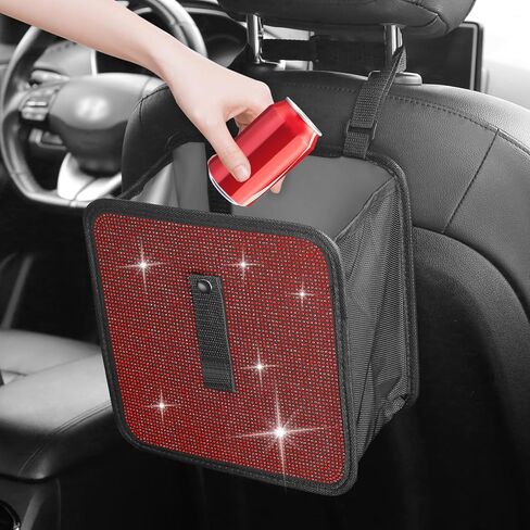 Bling Car Trash Can with Rhinestones,Foldable Extra-Large Capacity Car Trash Bin for Auto Headrests,Gear Stick,Hanging Cars Garbage Can as Cars Organizer for Girls/Women(Red) in Saudi Arabia