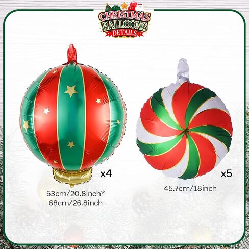 Christmas Foil Balloons, 9PCS Xmas Round Candy Lollipop Foil Balloons and Christmas Hanging Ball Mylar Balloons, Red Green Gold Xmas Sweetland Decorations for New Year Candies Party Decor in Saudi Arabia
