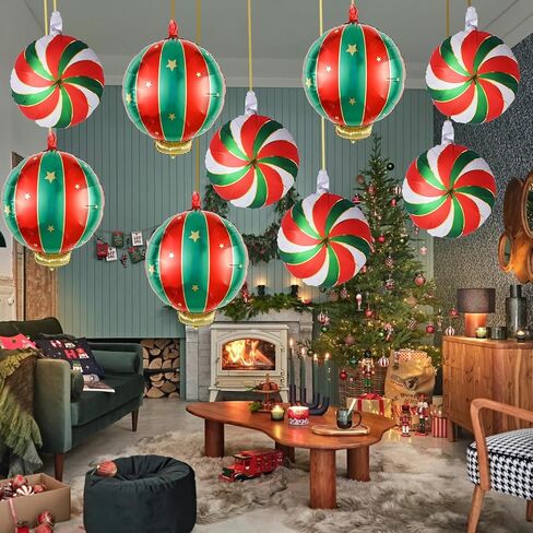 Christmas Foil Balloons, 9PCS Xmas Round Candy Lollipop Foil Balloons and Christmas Hanging Ball Mylar Balloons, Red Green Gold Xmas Sweetland Decorations for New Year Candies Party Decor in Saudi Arabia