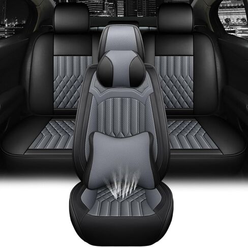 أغطية مقاعد السيارة لسيارة VW Jetta Hybrid 2013-2016، غطاء مقعد عالمي من الجلد المقاوم للماء ومضاد للانزلاق للفصول الأربعة، غطاء مقعد سيارة مريح مع وسادة هوائية (أسود ورمادي، 5 مع وسادة) in Kuwait