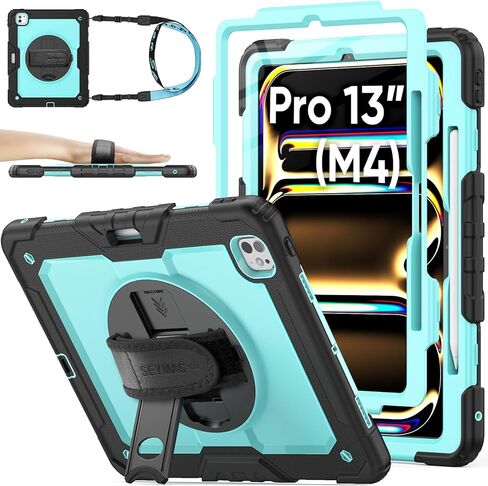 SEYMAC stock Case for iPad Air 11 inch (M2) 2024 / Air 6th Generation Case, Shockproof Protective Case with Pencil Holder Screen Protector, 360° Rotate Stand Case with Hand/Shoulder Strap Case, Black in Kuwait