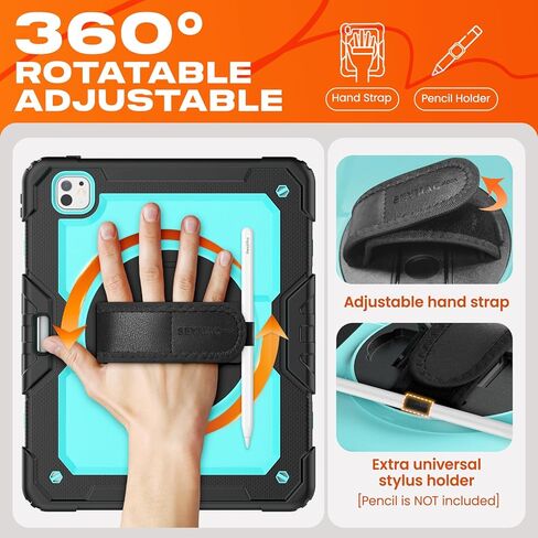 SEYMAC stock Case for iPad Air 11 inch (M2) 2024 / Air 6th Generation Case, Shockproof Protective Case with Pencil Holder Screen Protector, 360° Rotate Stand Case with Hand/Shoulder Strap Case, Black in Kuwait