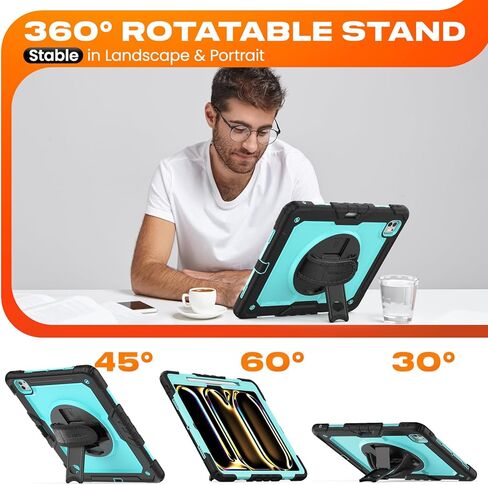 SEYMAC stock Case for iPad Air 11 inch (M2) 2024 / Air 6th Generation Case, Shockproof Protective Case with Pencil Holder Screen Protector, 360° Rotate Stand Case with Hand/Shoulder Strap Case, Black in Kuwait