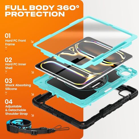 SEYMAC stock Case for iPad Air 11 inch (M2) 2024 / Air 6th Generation Case, Shockproof Protective Case with Pencil Holder Screen Protector, 360° Rotate Stand Case with Hand/Shoulder Strap Case, Black in Kuwait