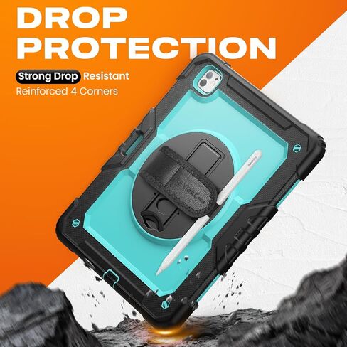 SEYMAC stock Case for iPad Air 11 inch (M2) 2024 / Air 6th Generation Case, Shockproof Protective Case with Pencil Holder Screen Protector, 360° Rotate Stand Case with Hand/Shoulder Strap Case, Black in Kuwait