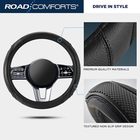 غطاء عجلة قيادة السيارة من Road Comforts - غطاء عجلة قيادة من الجلد المصنوع من الألياف الدقيقة رياضي 14.5-15 بوصة غطاء عجلة قيادة غير قابل للانزلاق للرجال والنساء لون أسود in Kuwait