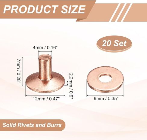 HARFINGTON 20 مجموعة من المسامير النحاسية وغسالات نتوءات 12 × 4 × 7 مم بلمسة نهائية مدملة من الجلد الصلب برشام تثبيت ترصيع للجلد DIY أحزمة يدوية ومحافظ الياقات، لون نحاسي in Kuwait