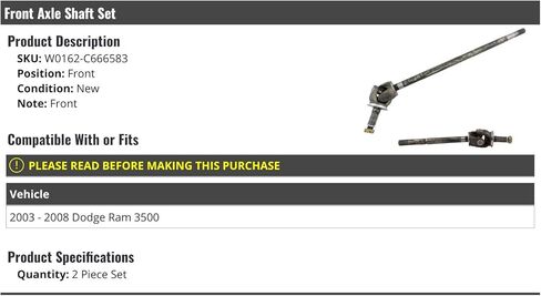 Front Axle Shaft - Set of 2 - Compatible with 2003-2008 Dodge Ram 3500 in Saudi Arabia