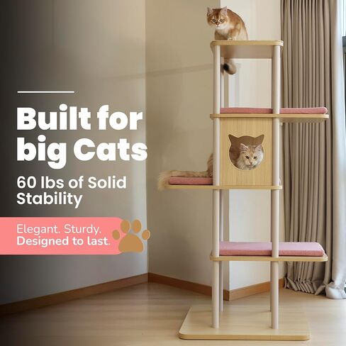 شجرة قطط كبيرة حديثة، بطول 62 بوصة مع منصات مقاس XL 25.6 بوصة، وبنية ثقيلة بوزن 60 رطلًا - إعادة تعريف أثاث القطط مع الثبات والمساحة والأناقة للقطط الكبيرة (رمادي) in Kuwait