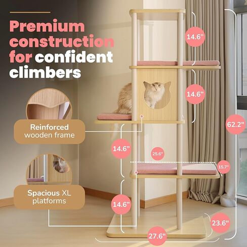 شجرة قطط كبيرة حديثة، بطول 62 بوصة مع منصات مقاس XL 25.6 بوصة، وبنية ثقيلة بوزن 60 رطلًا - إعادة تعريف أثاث القطط مع الثبات والمساحة والأناقة للقطط الكبيرة (رمادي) in Kuwait