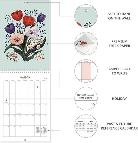 2026 Calendar, Monthly Small Wall Calendar 2026 from January to December 2026，12-Month A4 Size 8.3" x 11.7", Spiral Hanging with Twin-Wire Binding, Perfect for Home or Office, Illustrated Floral in Saudi Arabia