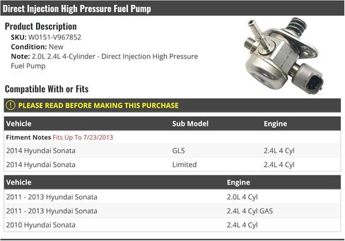 مضخة وقود عالية الضغط للحقن المباشر - متوافقة مع 2010-2014 Hyundai Sonata 2.0L 2.4L 4 أسطوانات (يناسب حتى 7/23/2013) in Saudi Arabia