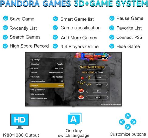 Pandora Box Arcade، 29800 لعبة في وحدة تحكم ألعاب أركيد واحدة، آلة ألعاب ريترو بدقة 1280 × 720 عالية الدقة للكمبيوتر الشخصي وجهاز العرض والتلفزيون 2-4 لاعبين ألعاب ثلاثية الأبعاد قائمة مفضلة حفظ/بحث/إخفاء/إيقاف مؤقت/حذف اللعبة in Kuwait