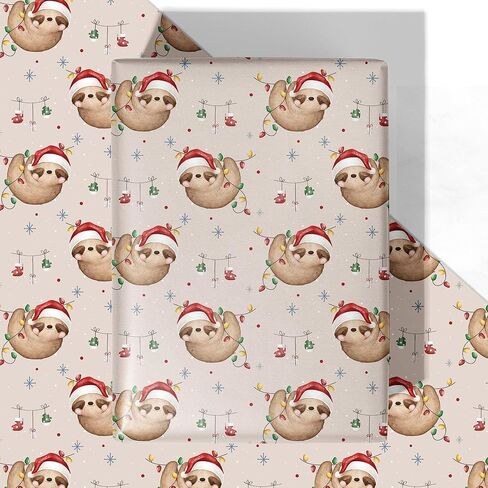 WRAPLULU Sloth Christmas Wrapping Paper - 4 Jumbo Sheets, 28 * 40 Inches - Cute Animals Xmas Gift Wrap with Santa Hat Sloth Snowflake, Perfect for Winter Birthdays, Baby Showers in Saudi Arabia