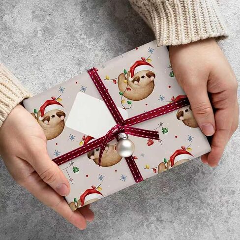 WRAPLULU Sloth Christmas Wrapping Paper - 4 Jumbo Sheets, 28 * 40 Inches - Cute Animals Xmas Gift Wrap with Santa Hat Sloth Snowflake, Perfect for Winter Birthdays, Baby Showers in Saudi Arabia