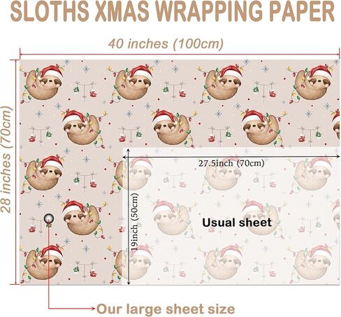 WRAPLULU Sloth Christmas Wrapping Paper - 4 Jumbo Sheets, 28 * 40 Inches - Cute Animals Xmas Gift Wrap with Santa Hat Sloth Snowflake, Perfect for Winter Birthdays, Baby Showers in Saudi Arabia