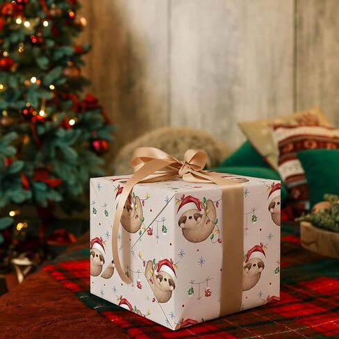 WRAPLULU Sloth Christmas Wrapping Paper - 4 Jumbo Sheets, 28 * 40 Inches - Cute Animals Xmas Gift Wrap with Santa Hat Sloth Snowflake, Perfect for Winter Birthdays, Baby Showers in Saudi Arabia